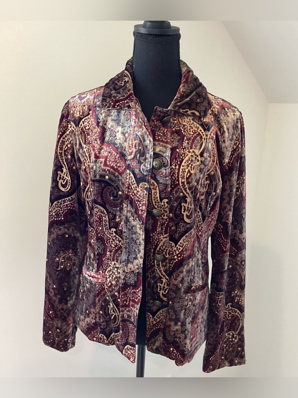 Chico’s Velvet Paisley Sequin Jacket Boho Luxe Baroque Size 0 Small